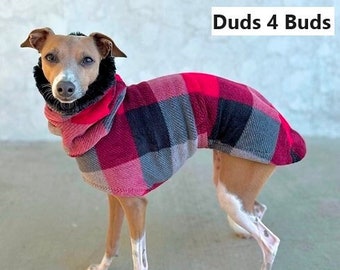 Italian Greyhound Clothing - Italian Greyhound Coat - Brick Plaid w/Faux Fur - Fleece Dog Coat - Dog Apparel - Pet Clothing - Winter dog