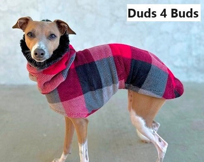 Italian Greyhound Coat - Italian Greyhound Clothing - Brick Plaid w/Faux Fur - Fleece Dog Coat - Italian Greyhound Sizes