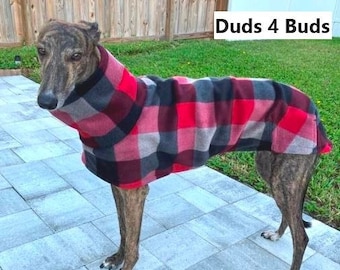 Coat for Greyhound - Big Dog Coat - Luxe Fleece Coat for Dog - Red Plaid - Dog Jacket - Greyhound Sizes