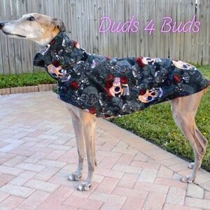 Greyhound Coat - Greyhound Clothing - Skulls & Roses - Dog Jacket - Pet Clothing - Fleece Coat For Greyhound - Halloween for Dog - Greyhound