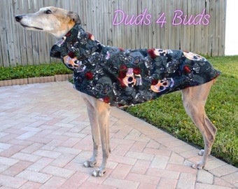 Greyhound Coat - Greyhound Clothing - Skulls & Roses - Dog Jacket - Pet Clothing - Fleece Coat For Greyhound - Halloween for Dog - Greyhound