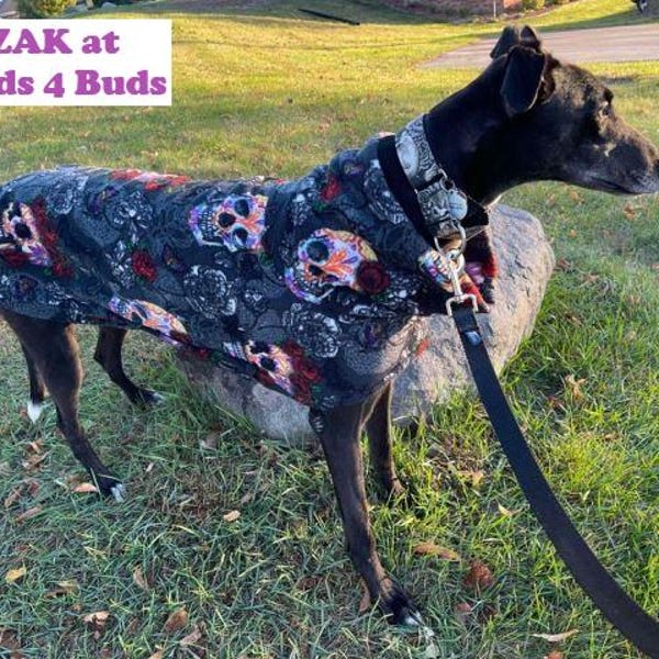 Greyhound Coat - Greyhound Clothing - Skulls & Roses - Dog Jacket - Pet Clothing - Fleece Coat For Greyhound - Halloween for Dog - Greyhound