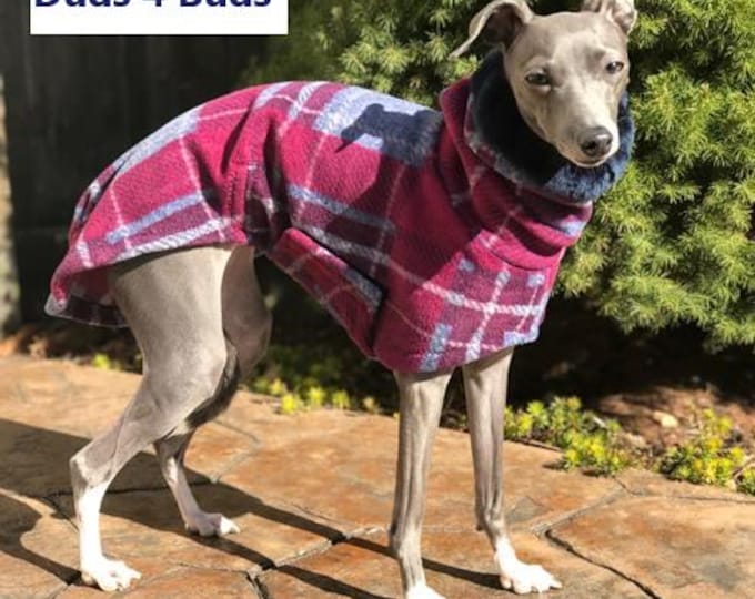 Italian Greyhound Coat - Italian Greyhound Clothing - Burgundy Plaid w/Faux Fur - Fleece Dog Coat - Italian Greyhound Sizes