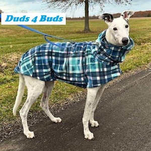 May include: A white dog wearing a blue and green plaid fleece dog coat and matching cowl neck. The dog is on a leash and standing on a paved surface. The text "Duds 4 Buds" is in the upper left corner.