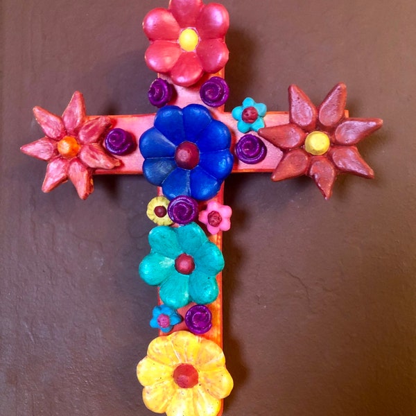 Mexican Art Rustic Cross Decor and wall hanging Bright Colored Flowers Handmade Folksy