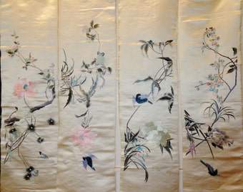 Qing Dy. 18th century Chinese Imperial silk embroidered tapestry 缎绣四条屏 Kesi set of 4 panels stitches four seasons flower birds
