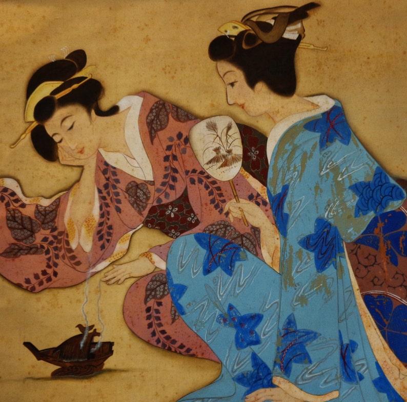 Large antique japonaise Geisha aquarelle w. peinture sur soie Etsy