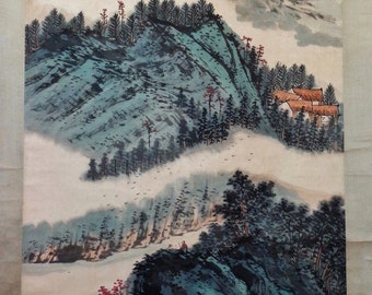 Chinese watercolor on paper large landscape painting scroll Master Huang Junbi "Yandangshan Dalongqiu fall 黄君璧山水中堂 “雁荡山大龙湫飞瀑图