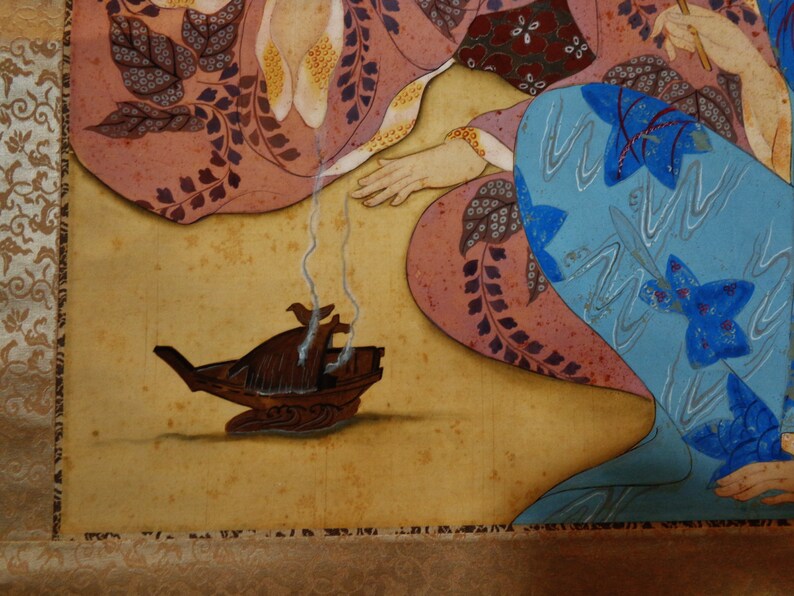 Large antique japonaise Geisha aquarelle w. peinture sur soie Etsy