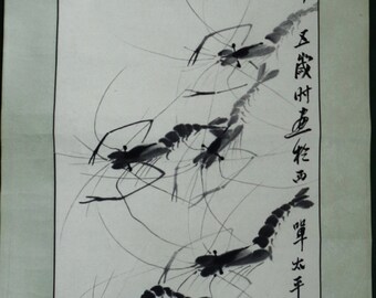 Chinese ink on paper painting scroll Master Qi Baishi "school of shrimps"  w. rare "six knots" shrimp 齐白石六节群虾