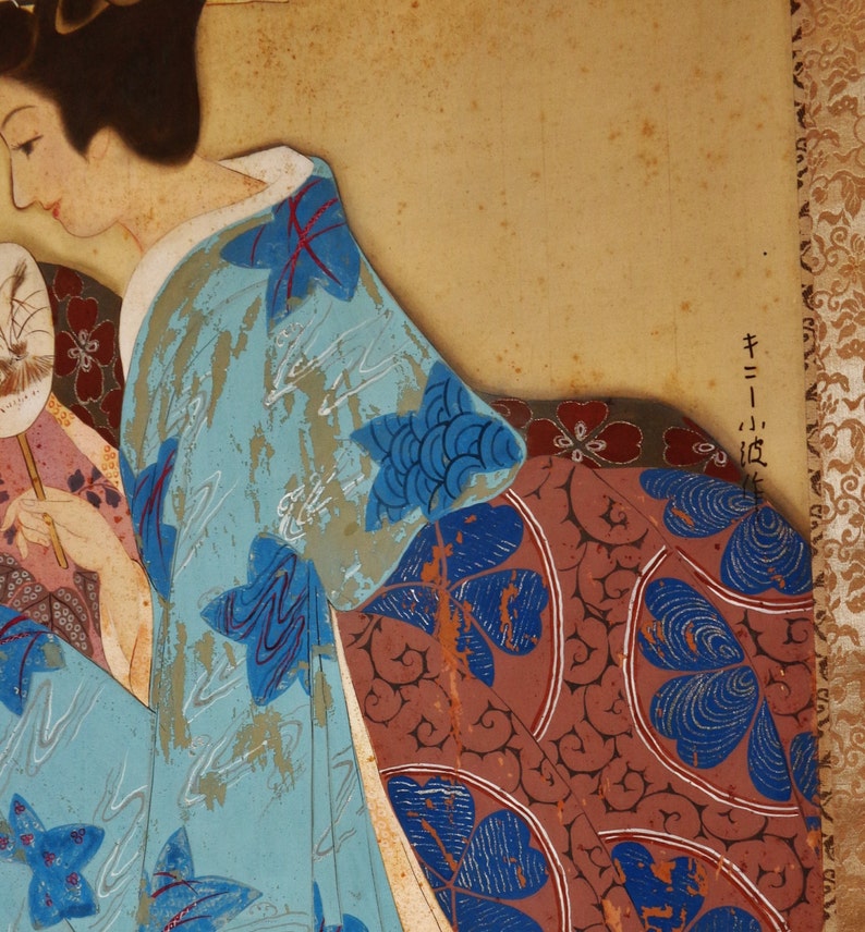 Large antique japonaise Geisha aquarelle w. peinture sur soie Etsy