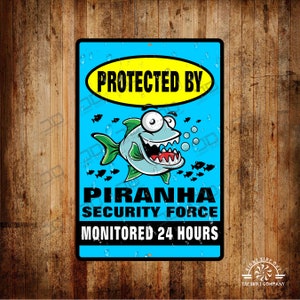 Protected by Piranhas metal sign | Pool signs | swimming signs | swimming decor | yard decor | backyard outdoor metal sign | poolside signs