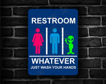 Divertido cartel metálico de alienígena para el baño: Lávate las manos - Decoración para la cueva del hombre