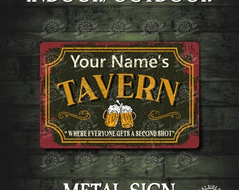 Metalen bord taverne Jouw naam op maat gepersonaliseerde metalen speelkamer Man Cave teken Tavern muur kunst Thuisbar cadeau gaming bord Garagebar cadeau vader