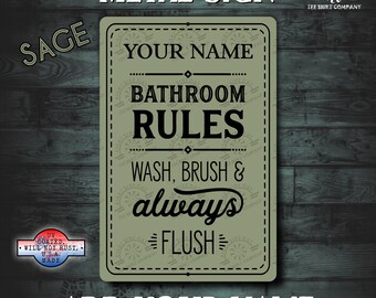Personalized Bathroom Rules Metal Sign: Restroom Decor, Home Warming Gift