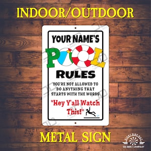 Pool Rules metal signs with your name  Funny pool sign Funny pool rules Custom swimming signs for outdoors  Poolside party pool gifts Sign