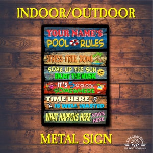 Pool rules metal sign Swimming pool sign Personalized metal pool sign with your name Outdoor pool quotes Pool gift Home poolside sign funny