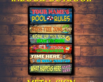 Pool rules metal sign Swimming pool sign Personalized metal pool sign with your name Outdoor pool quotes Pool gift Home poolside sign funny.