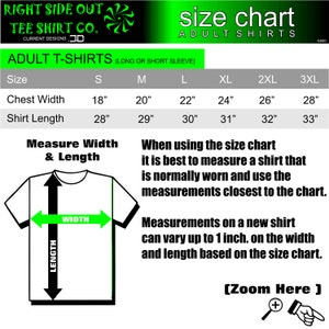 May include: Size chart for adult t-shirts, including chest width and shirt length measurements in inches. The chart shows sizes S through 3XL. The image also includes instructions on how to measure a shirt for the best fit.