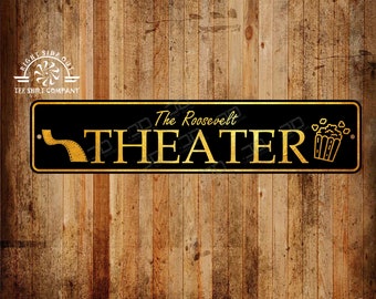 Custom Home Theater Sign: Personalized Aluminum Metal Sign (4x18 inches)