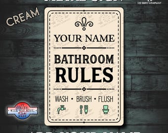 Bathroom rules metal sign Bathroom decoration Bathroom wall sign Restroom rules Personalized metal bathroom wall sign Your name bathroom