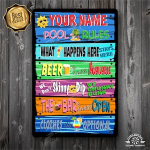 Pool rules with your name metal sign, outdoor aluminum quality colorful sign, funny pool decor sure to get a laugh, pool gifts for all