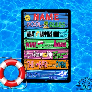 Pool rules metal sign with your name Wine available swimming pool quotes Funny pool sign Outdoor pool decor Pool gift Backyard signs