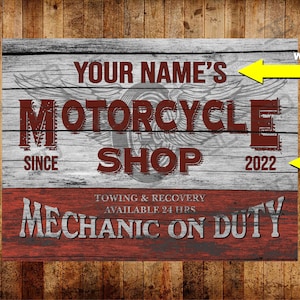 Personalized Motorcycle Shop Metal Sign: Mechanic Garage Decor