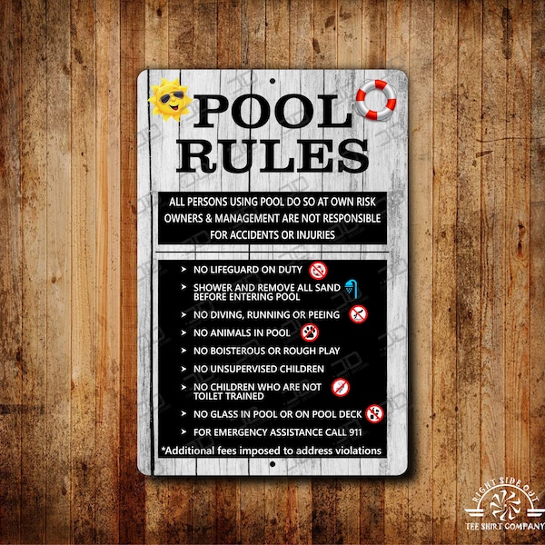 Pool rules metal aluminum sign Swimming pool rules Outdoor Indoor sign Chalet vacation sign Cabin sign Pool safety rules Poolside sign