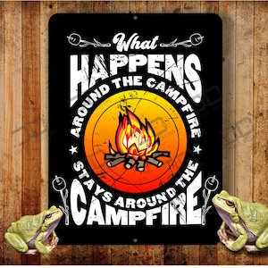 Funny Campfire Metal Sign: What Happens Around the Campfire