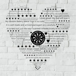 May include: A heart-shaped sign with customer reviews and a central logo. The sign features phrases like "Excellent product" and "Creative design." The logo reads "Right Side Out Tee Shirt Company."