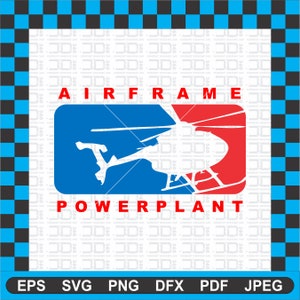 Può includere: Un logo blu e rosso con una silhouette di elicottero bianca. Il testo "AIRFRAME" è sopra l'elicottero e "POWERPLANT" è sotto.
