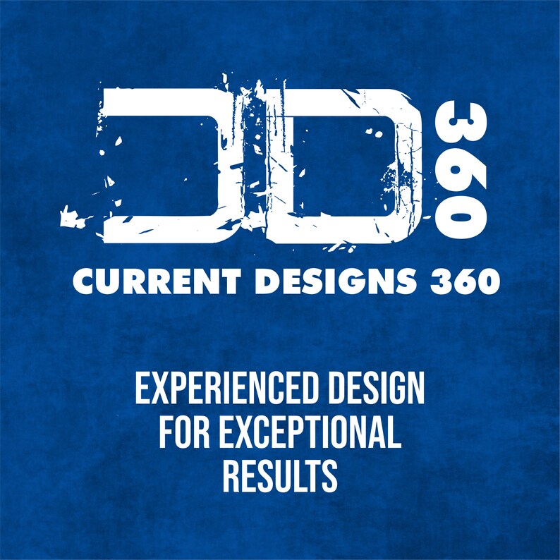 Puede incluir: Logotipo blanco sobre fondo azul con el texto "Current Designs 360" y el lema "Experienced Design for Exceptional Results".