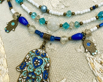 3 colliers superposés main de Fatma peinte perles de verre bleu-blanc-turquoise bijoux boho collier ethnique longs colliers