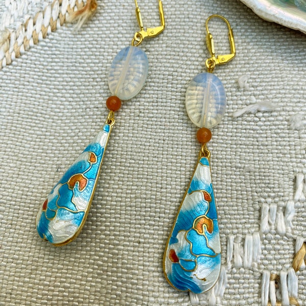 Lange druppels cloisonné email opaline agaat blauw-wit-oranje kostbare krullen barokke krullen boho boho-chic unieke creatie