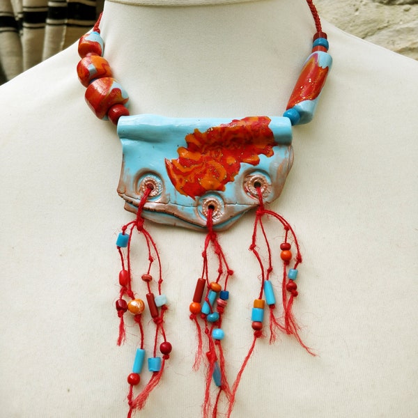 Bib necklace woman polymer millefiori hemp beaded charms rustic boho-chic statement necklace ethnic necklace