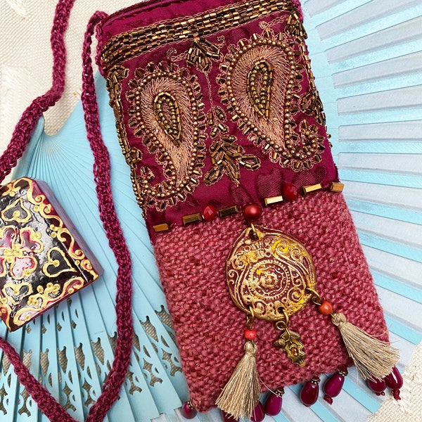 Pendant pouch jewel small secret bag textile art boho pure wool silk embroidered beads and medallion pouch ethnic folk boho