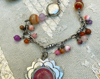 Collana collana collana pendente argento e agata perle gemme mix catene collana romantico shabby barocco boho rosa-arancio-argento