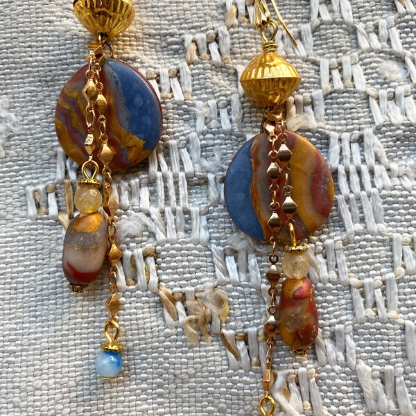 Bohemian earrings polymer mokume gane pendant Indian golden pearl golden chain blue-ocher-gold polymer jewelry unique creation