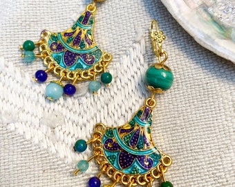 "Odalisques" collection Oriental earrings painted brass enamel covered with resin agate malachite beads boho earrings