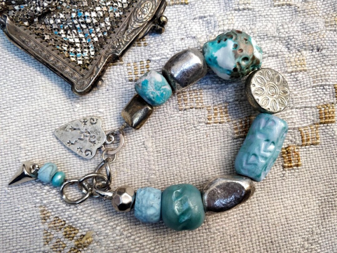 Boho Bracelet, Ethnic, Rustic, Blue Aqua Polymer, Large Silver Indian ...