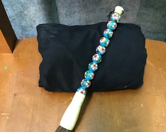 Handmade Vintage Calligraphy Flower Design Brush featuring embossed blue/green stones, ox bone & horse hair - 10&quot; in length