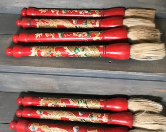 Wooden Calligraphy Brush featuring handle with dragon design - 20" in length