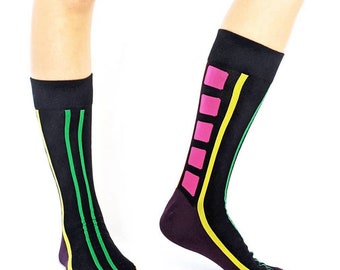 Natasock Colorful Neon Mens Womens Patterned Dress Casual Socks, Christmas Gift, Mid Calf Cotton Socks, Geometric Print Socks, Sporty Fun