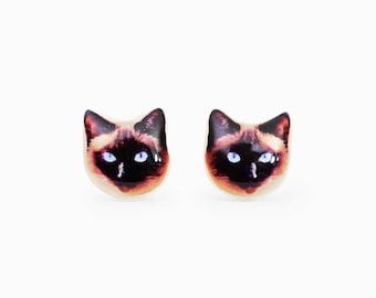 Cat Earrings - Siamese Cat - Cat Jewelry - Pet Earrings - Cat Studs - Animal Earrings - Stainless Steel Posts