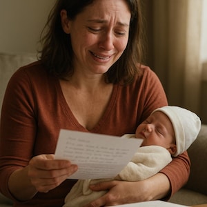 May include: A woman in a rust-colored top holds a sleeping baby wrapped in a blanket and wearing a white hat. She is reading a letter and appears to be crying. Several stacks of letters are on a wooden table.