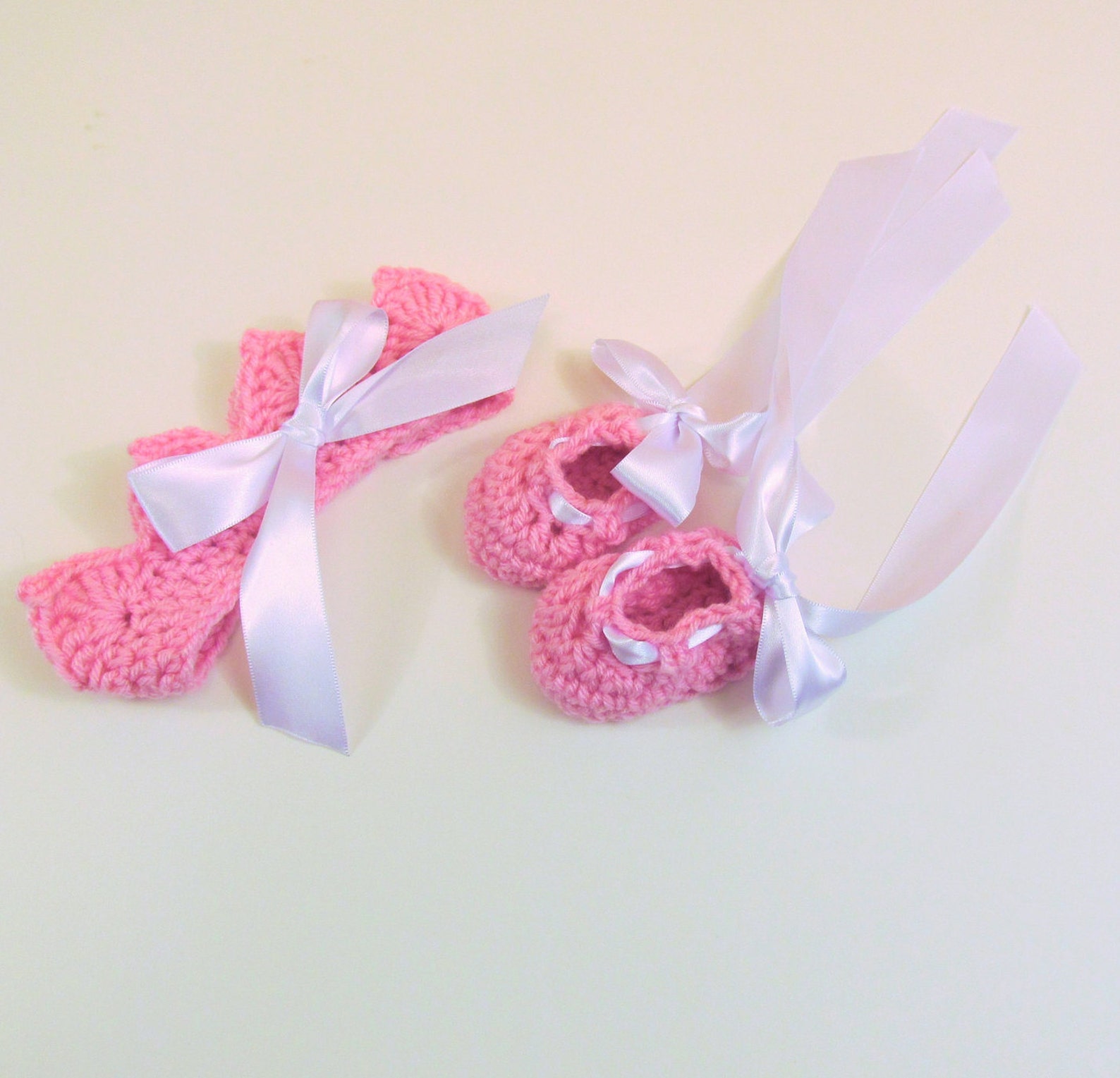 ballet slippers with white ribbon. sizes newborn to 6 months crocheted, photo prop, gender reveal, shower gift or for coming hom ballet slippers with white ribbon. sizes newborn to 6 months crocheted, photo prop, gender reveal, shower gift or for coming hom