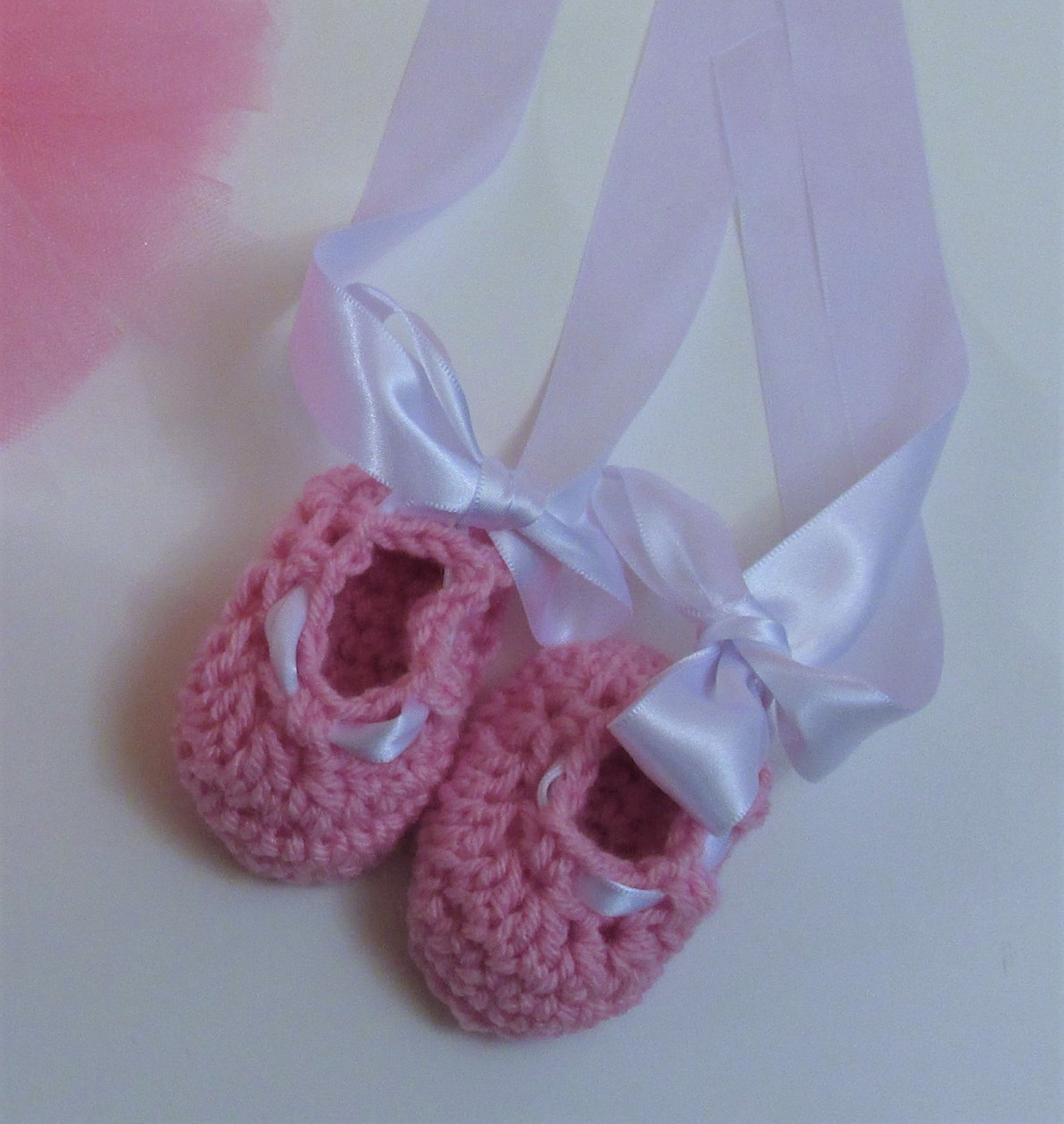 ballet slippers with white ribbon. sizes newborn to 6 months crocheted, photo prop, gender reveal, shower gift or for coming hom ballet slippers with white ribbon. sizes newborn to 6 months crocheted, photo prop, gender reveal, shower gift or for coming hom