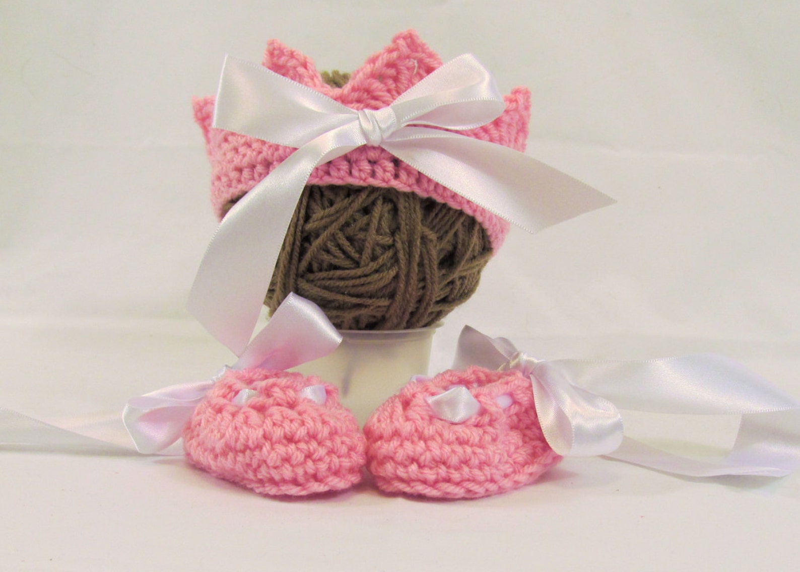 ballet slippers with white ribbon. sizes newborn to 6 months crocheted, photo prop, gender reveal, shower gift or for coming hom ballet slippers with white ribbon. sizes newborn to 6 months crocheted, photo prop, gender reveal, shower gift or for coming hom