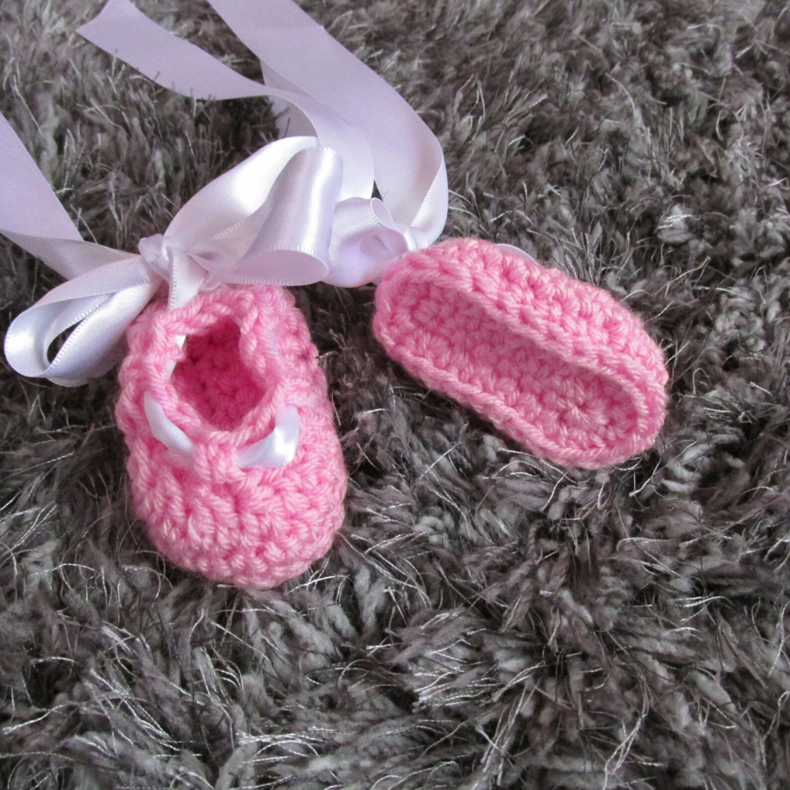 ballet slippers with white ribbon. sizes newborn to 6 months crocheted, photo prop, gender reveal, shower gift or for coming hom ballet slippers with white ribbon. sizes newborn to 6 months crocheted, photo prop, gender reveal, shower gift or for coming hom